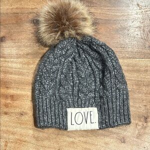 Gray Knit Beanie with Pom Pom